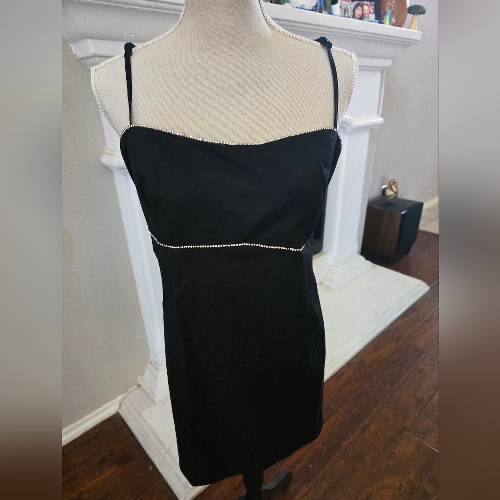 H&M Elegant Black Mini Strappy Dress with Cristal Embellismant Trim Sz. XL Party